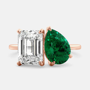 Toi et Moi ring with an emerald-cut Diamond and a pear-cut Emerald.