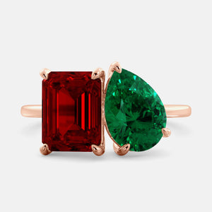 Toi et Moi ring with an emerald-cut Ruby and a pear-cut Emerald.