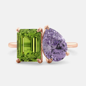 Toi et Moi ring with an emerald-cut Green Peridot and a pear-cut Amethyst.