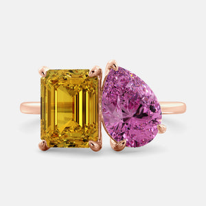 Toi et Moi ring with an emerald-cut Citrine and a pear-cut Pink Sapphire.