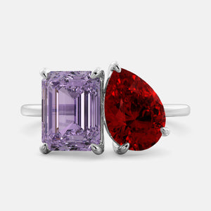 Toi et Moi ring with an emerald-cut Amethyst and a pear-cut Ruby.