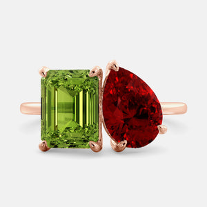 Toi et Moi ring with an emerald-cut Green Peridot and a pear-cut Ruby.