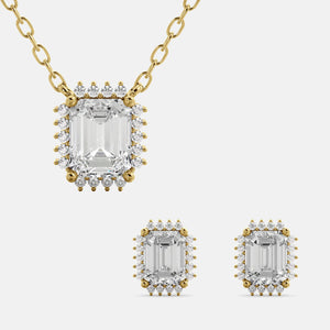 Halo Emerald-Cut Necklace & Stud Earrings Set