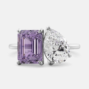 Toi et Moi ring with an emerald-cut Amethyst and a pear-cut Diamond.