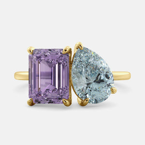 Toi et Moi ring with an emerald-cut Amethyst and a pear-cut Aquamarine.