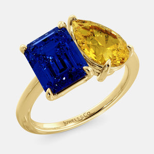 Toi et Moi ring with an emerald-cut Blue Sapphire and a pear-cut Citrine.