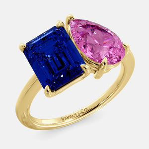 Toi et Moi ring with an emerald-cut Blue Sapphire and a pear-cut Pink Sapphire.