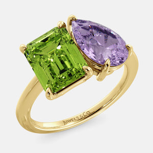 Toi et Moi ring with an emerald-cut Green Peridot and a pear-cut Amethyst.