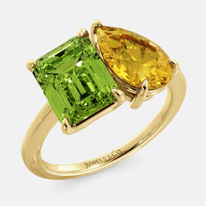 Toi et Moi ring with an emerald-cut Green Peridot and a pear-cut Citrine.