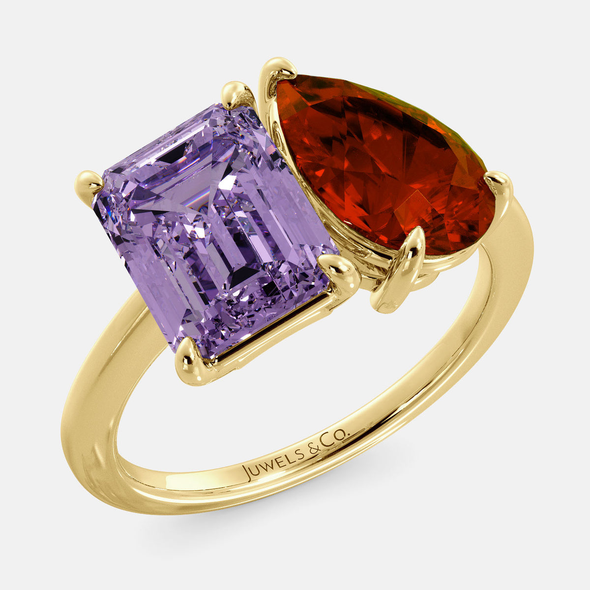A toi et moi ring with an emerald-cut amethyst and a pear-cut gemstone. The emerald-cut morganite is set on the left of the ring, and the pear-cut gemstone is set on the right. The ring is made of recycled yellow gold and has a simple, elegant design. The pear-cut gemstone can be customized. **Here are some additional details about the image:** * The emerald-cut amethyst is a birthstone for February. * The pear-cut gemstone can be customized to any stone of your choice.