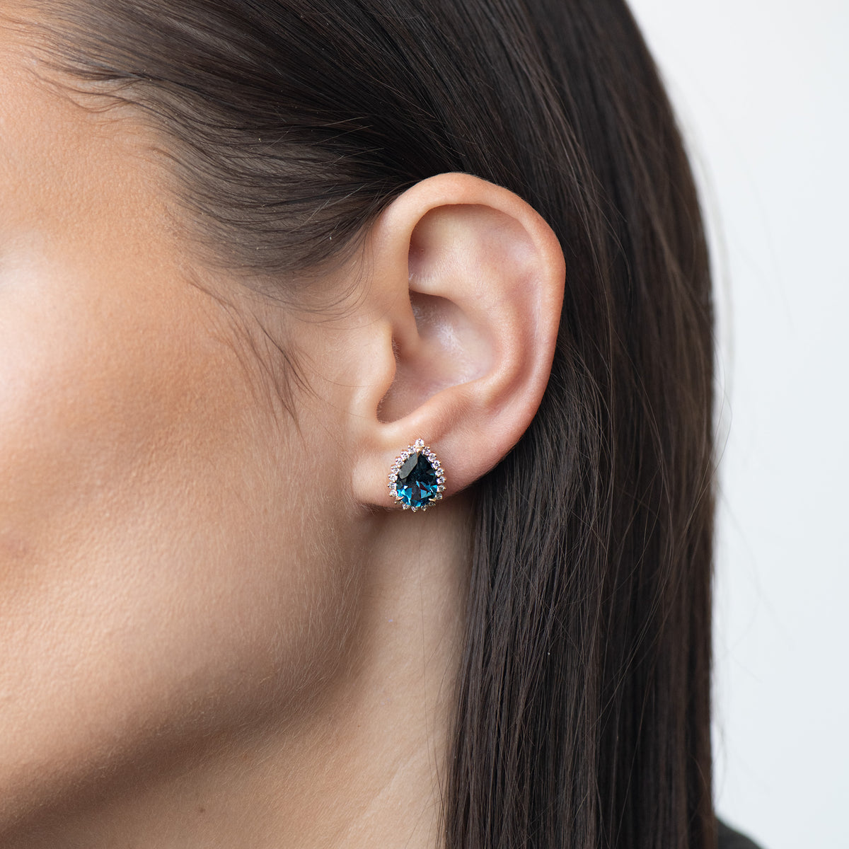 London Blue Pear-Cut Halo Studs