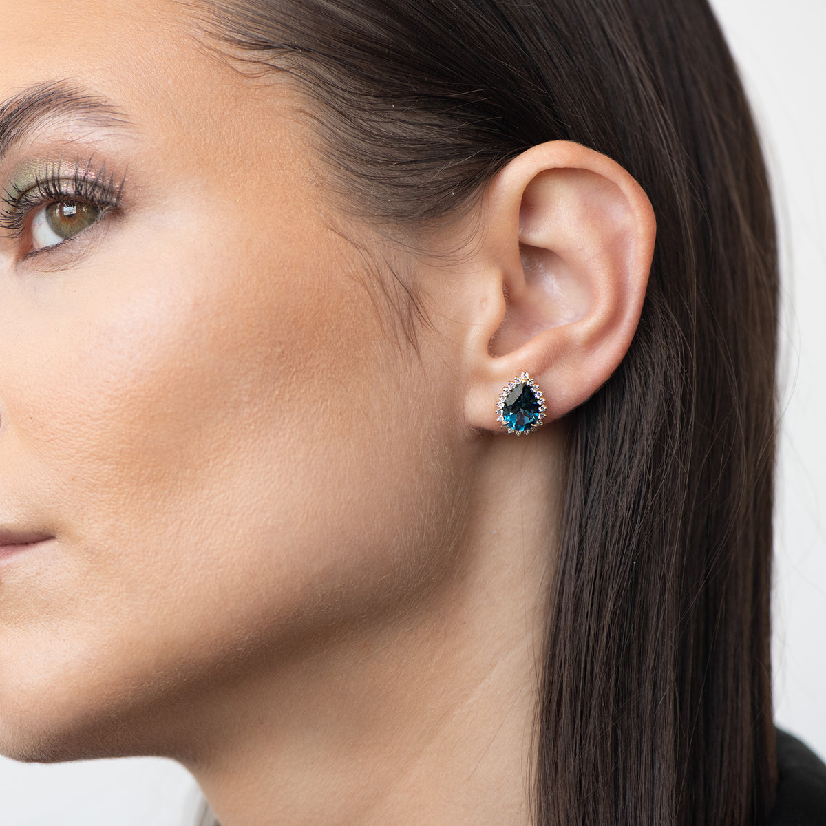 London Blue Pear-Cut Halo Studs