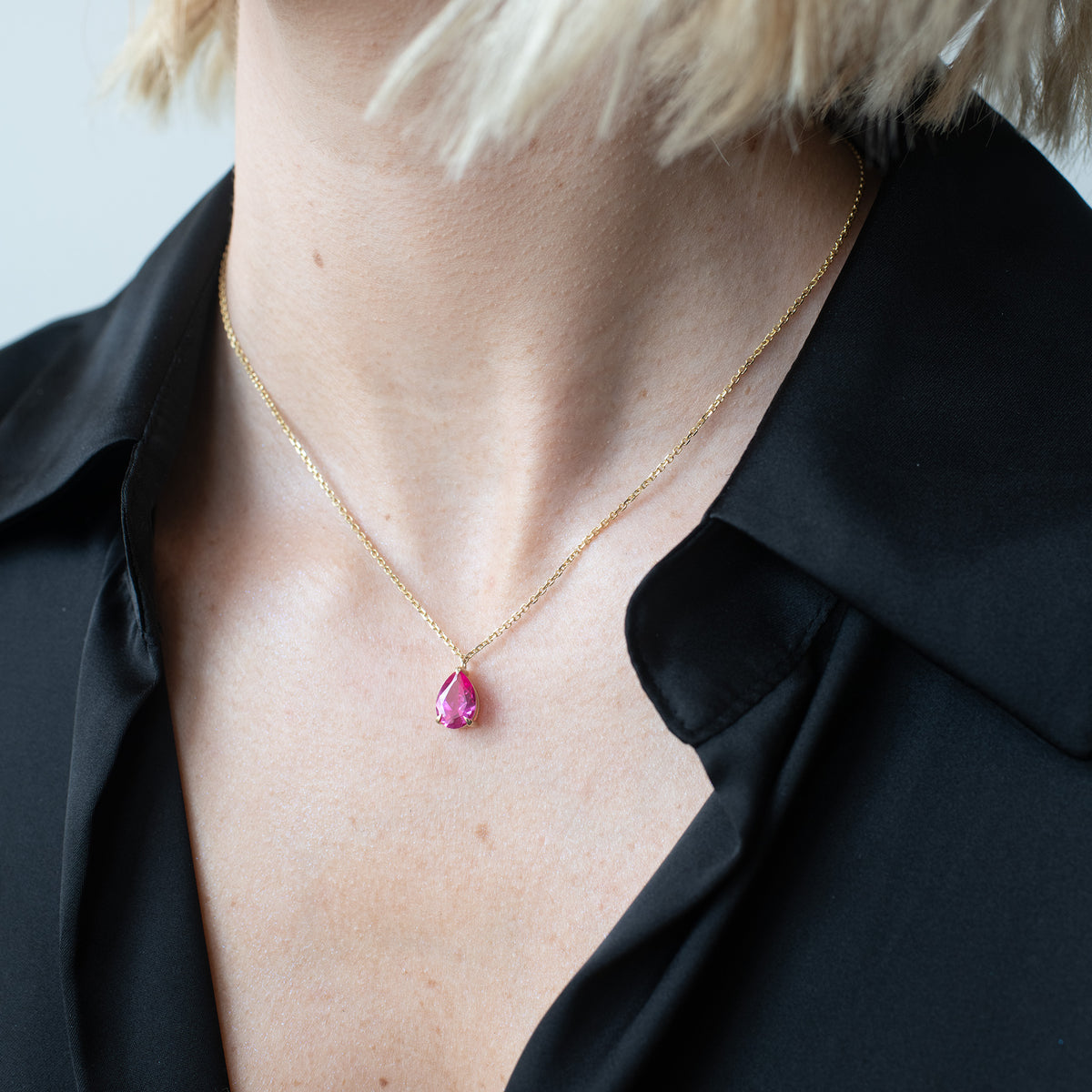 Pink Sapphire Pear-Cut Birthstone Solitaire Necklace