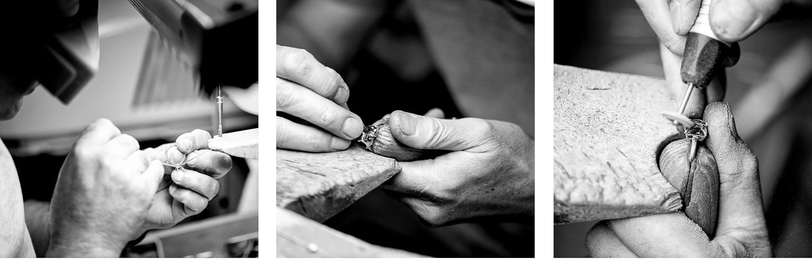 Three black and white photos of a jeweler handcrafting a ring at the bench in our Los Angeles studio: setting, filing and polishing.