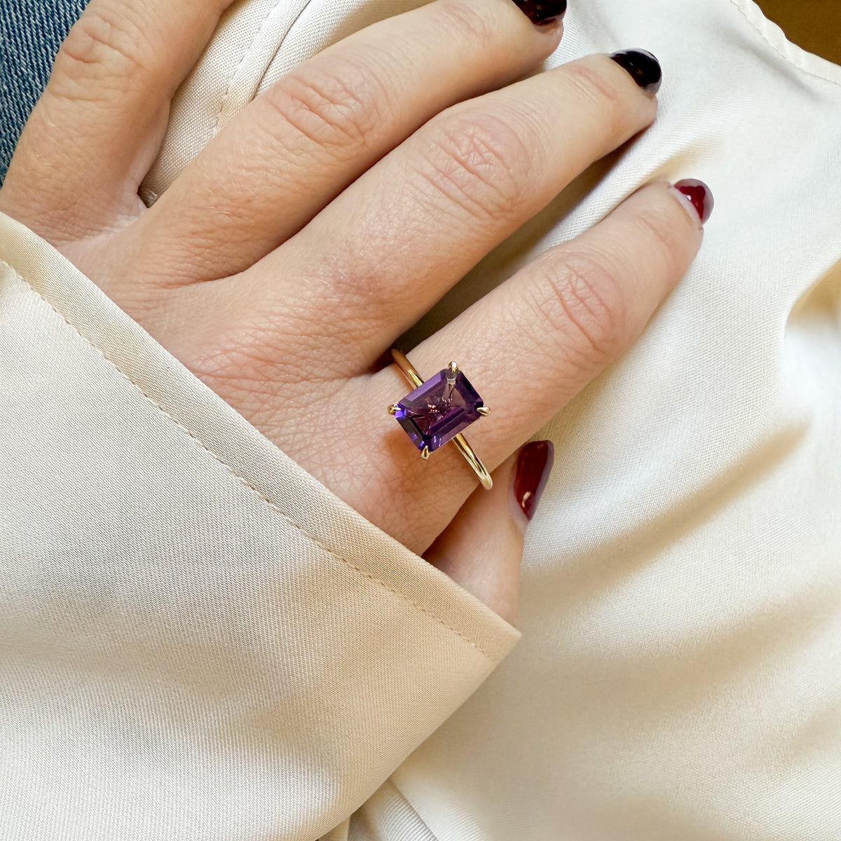 Amethyst Emerald-Cut Birthstone Solitaire Ring