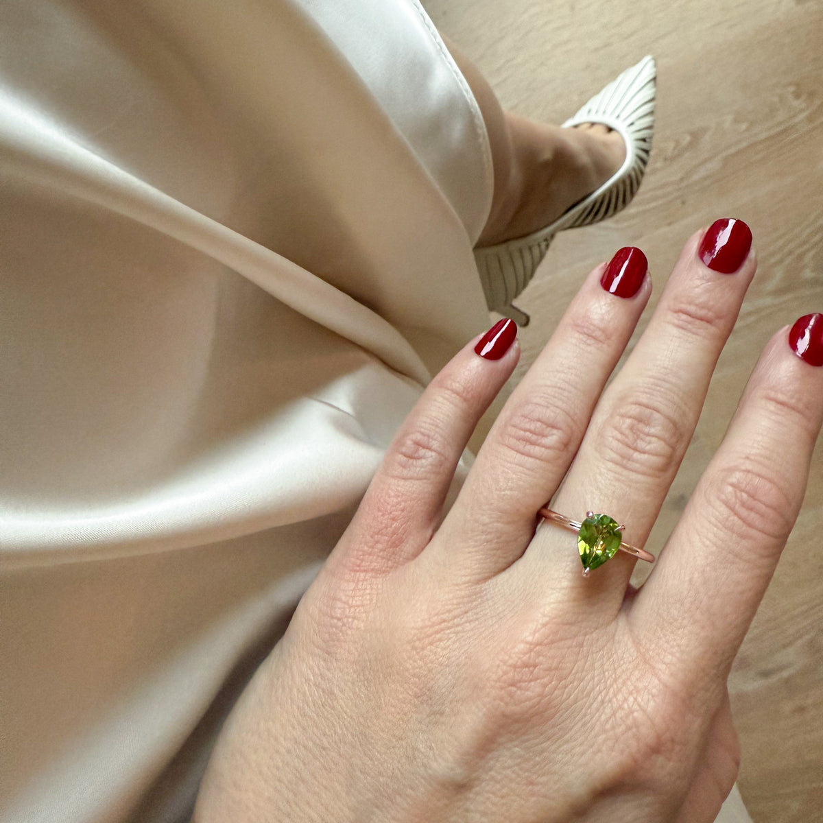 Green Peridot Pear-Cut Birthstone Solitaire Ring