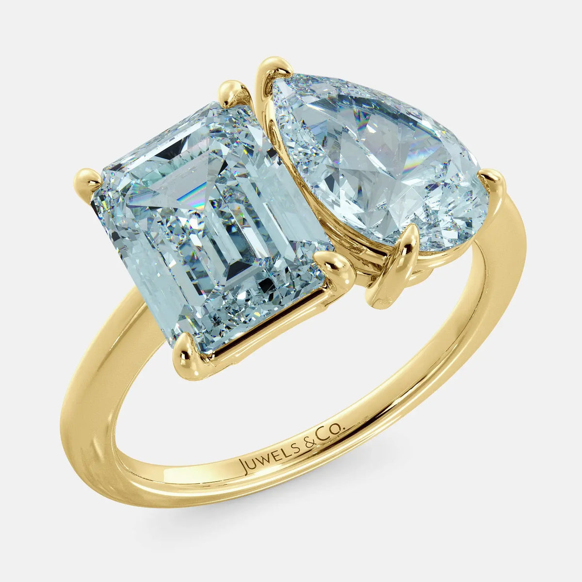 Custom Toi et Moi ring with two birthstones Aquamarine in 14K solid yellow gold