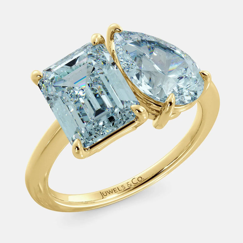Custom Toi et Moi ring with two birthstones Aquamarine in 14K solid yellow gold