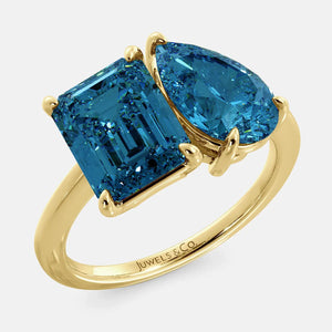 Custom Toi et Moi ring with two birthstones London Blue in 14K solid yellow gold