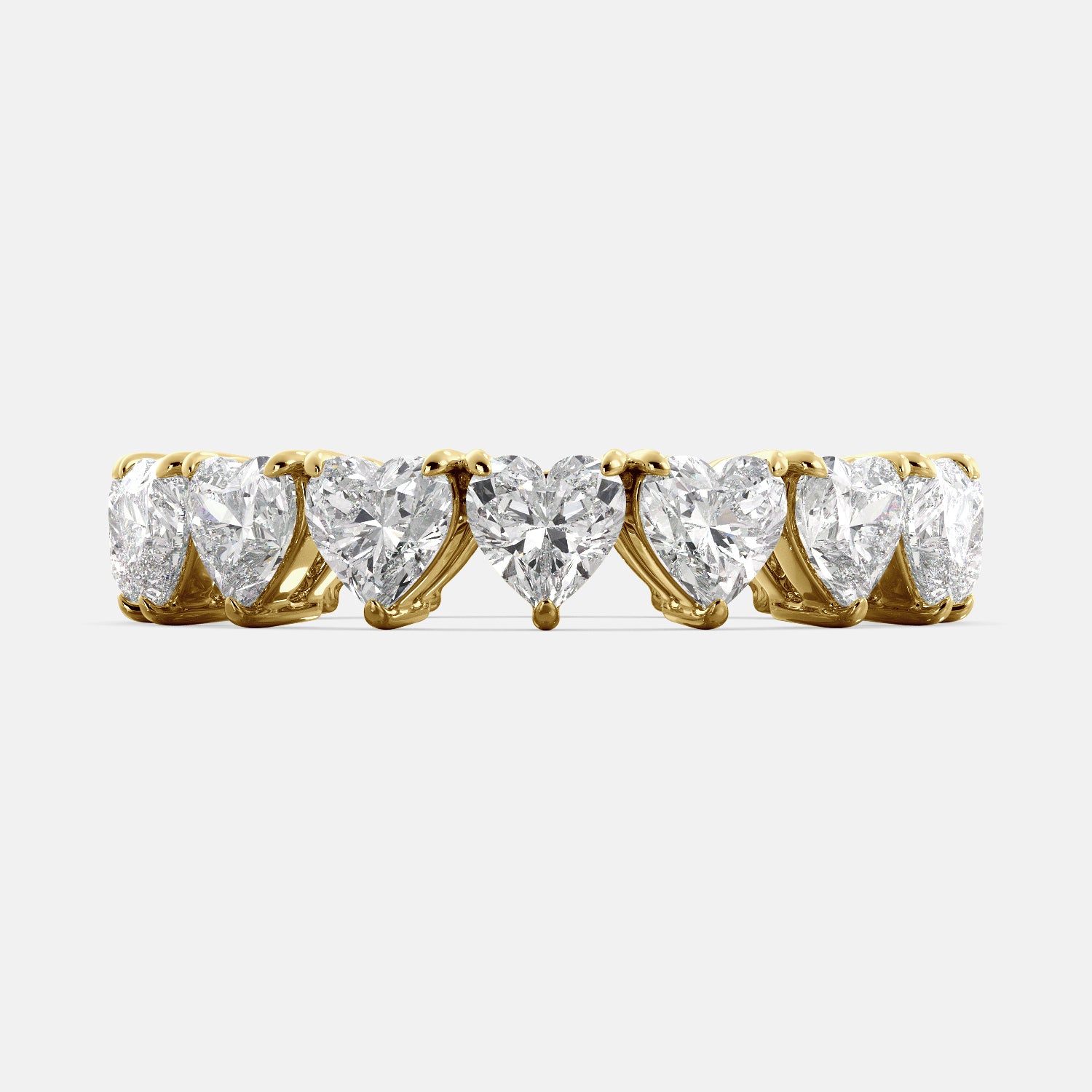 Love Eternity Band, a heart-shape diamond eternity band in solid 14k yellow gold