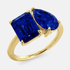 Custom Toi et Moi ring with two birthstones Blue Sapphire in 14K solid yellow gold