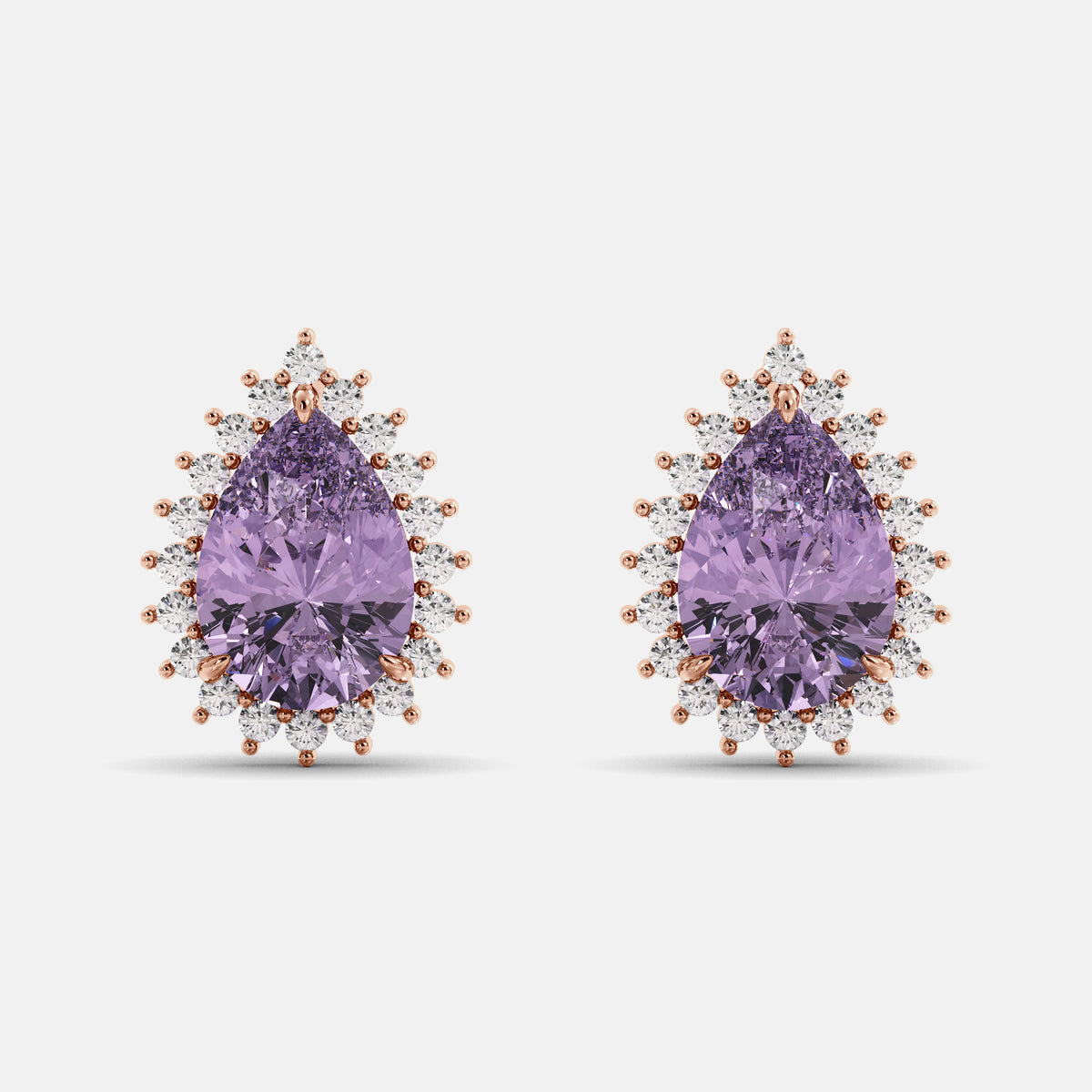 Amethyst Emerald Pear-Cut Halo Studs