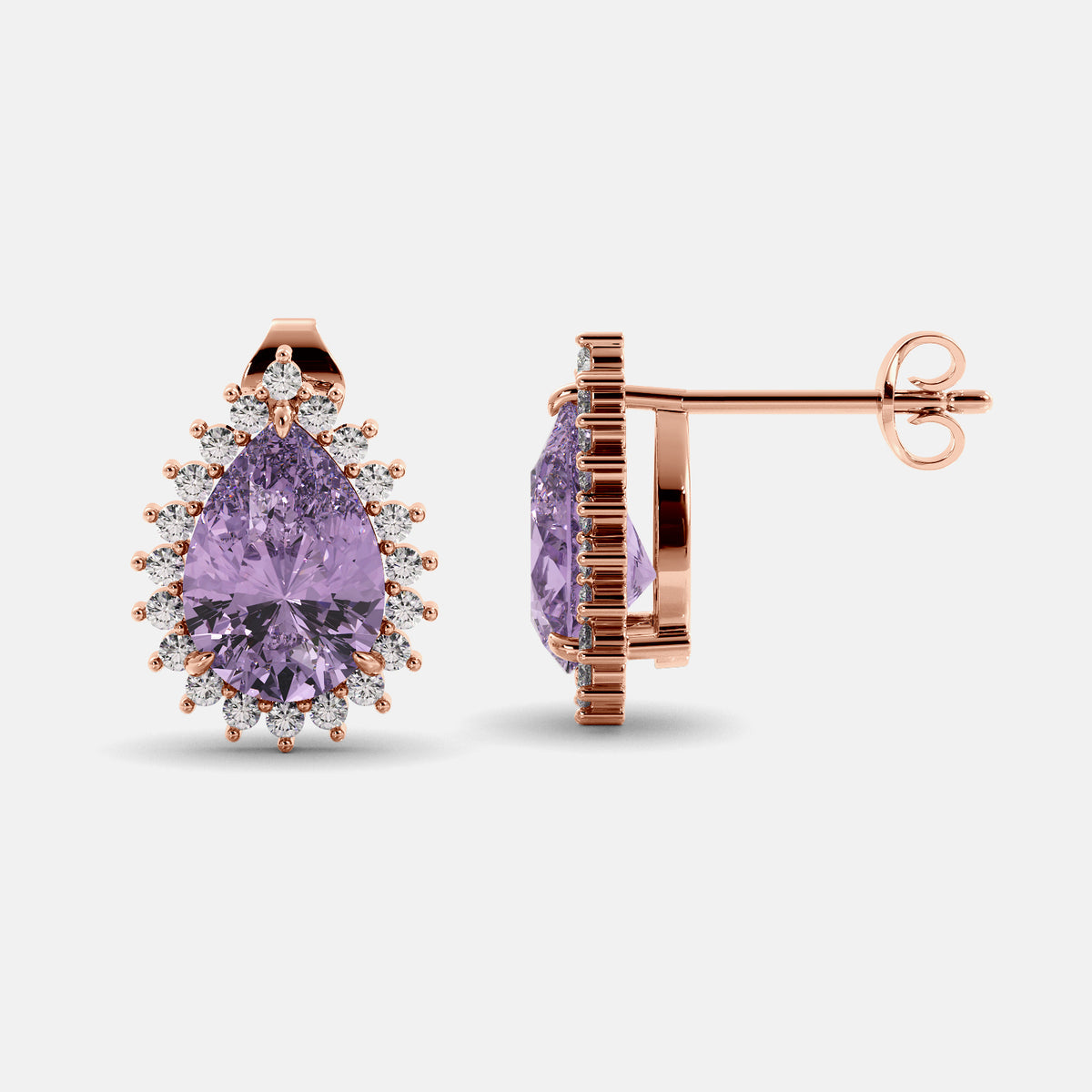 Amethyst Emerald Pear-Cut Halo Studs