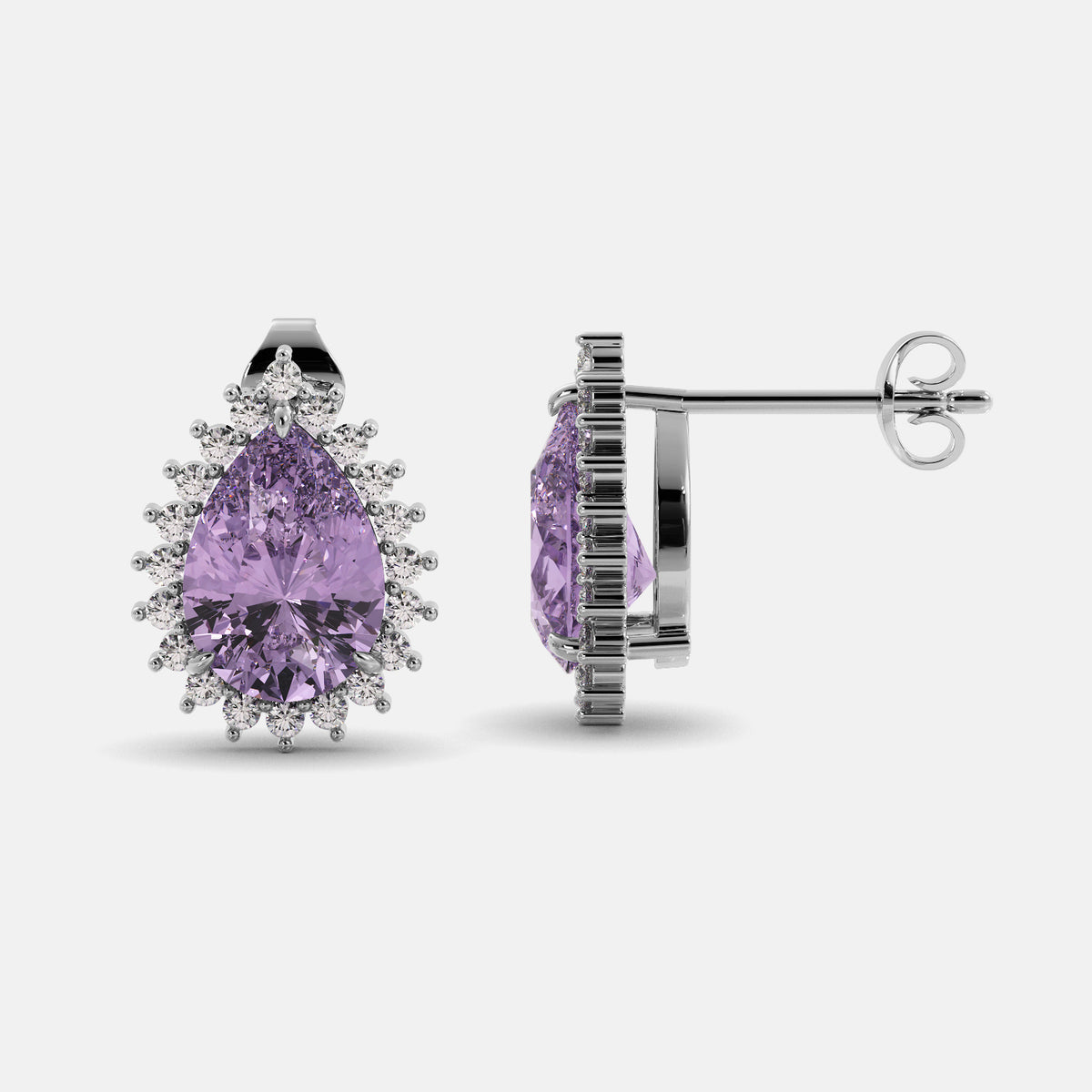 Amethyst Emerald Pear-Cut Halo Studs