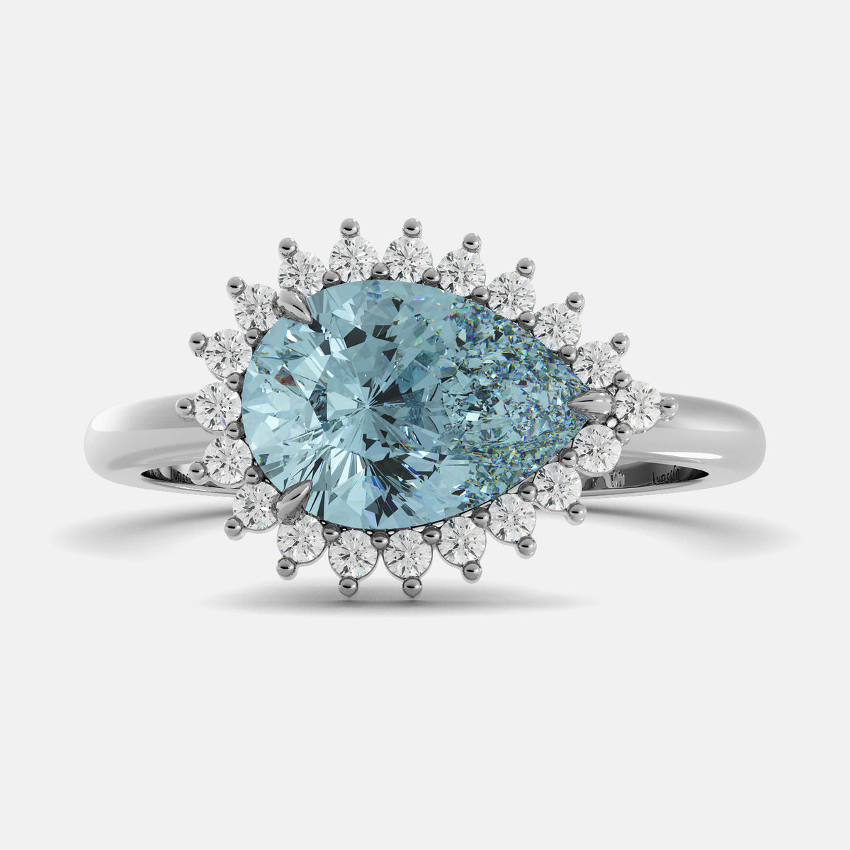 Ring with a large blue gemstone and smaller diamonds on a white background