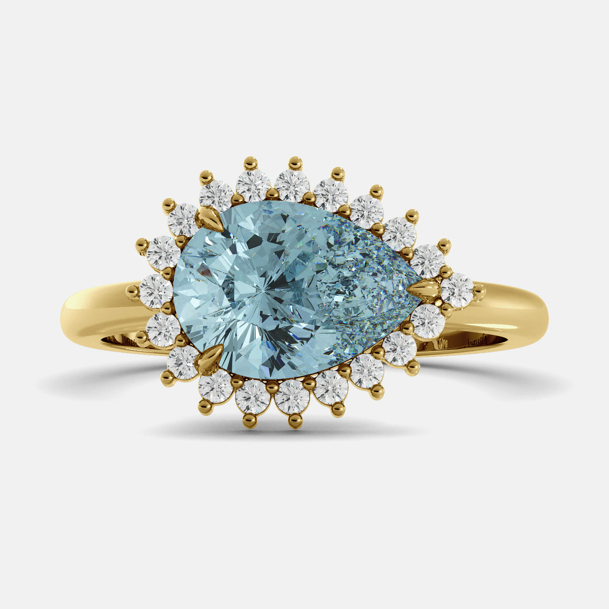 Gold ring with a large blue gemstone and smaller diamonds on a light gray background