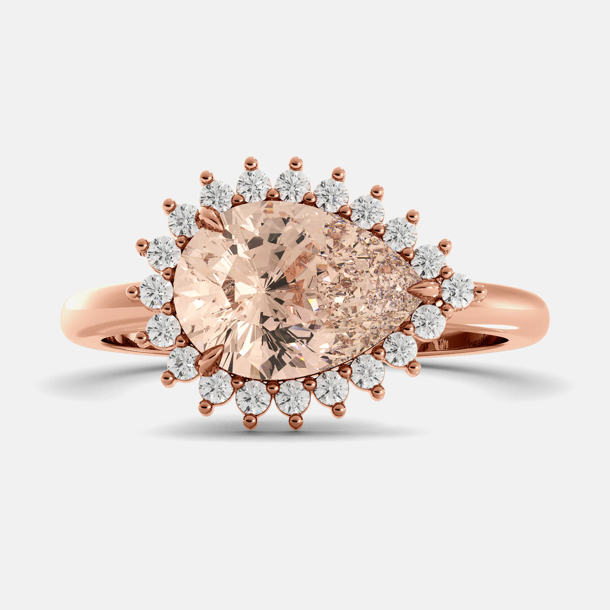 Rose gold ring with a large pink gemstone and smaller diamonds on a light gray background