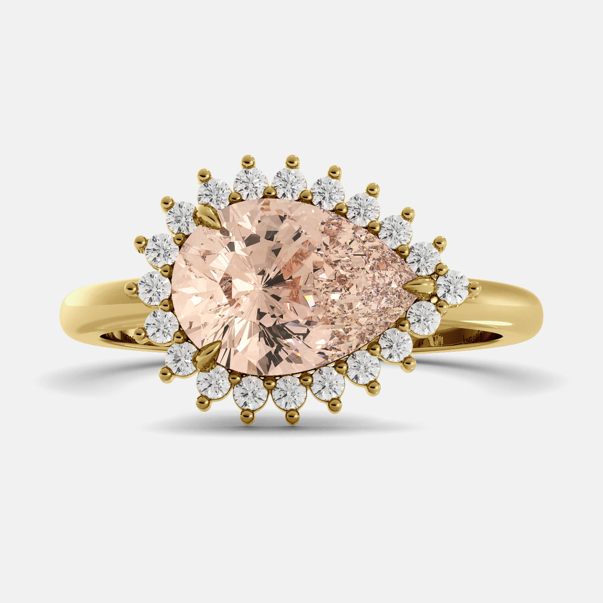 Gold ring with a large pink gemstone and smaller diamonds on a light gray background