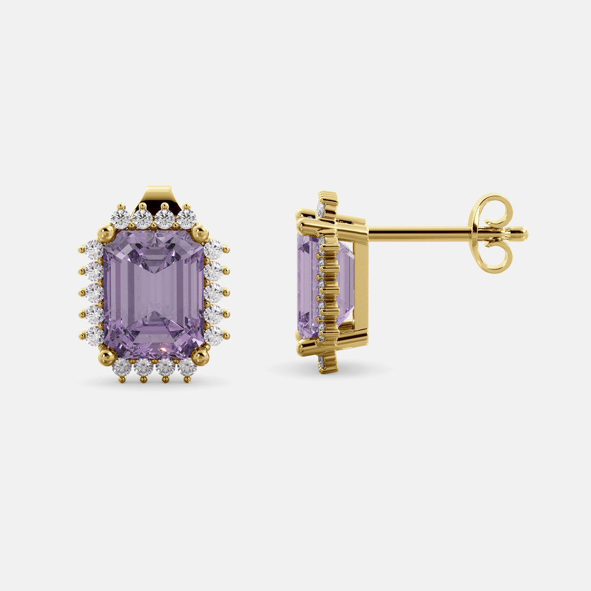 Amethyst Emerald-Cut Halo Earrings