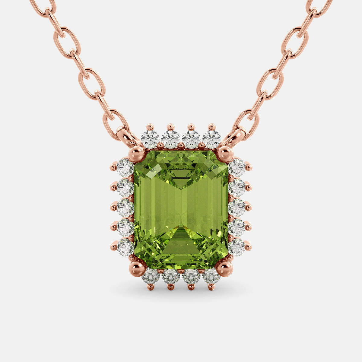 Green Peridot Emerald- Cut Halo Necklace