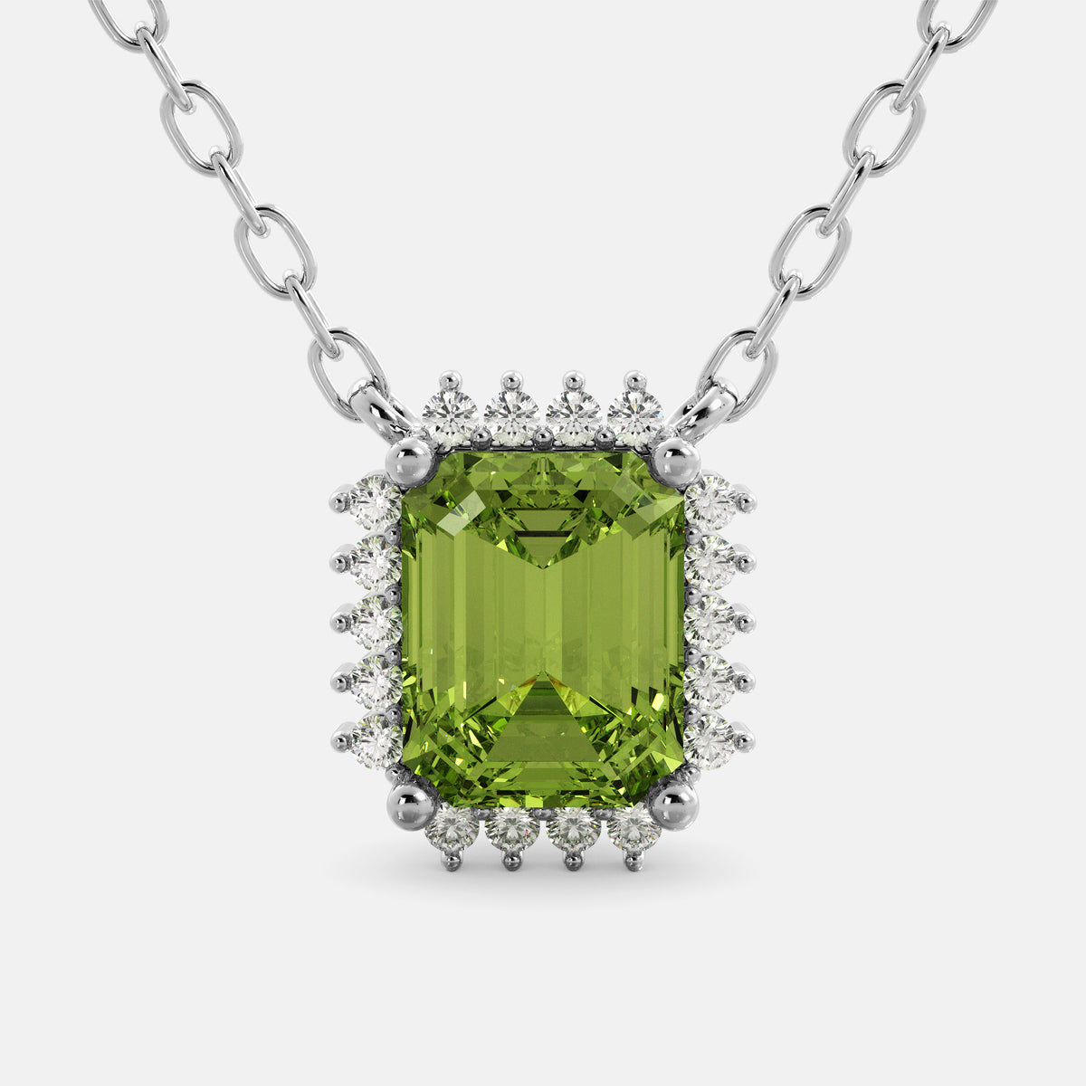 Green Peridot Emerald- Cut Halo Necklace