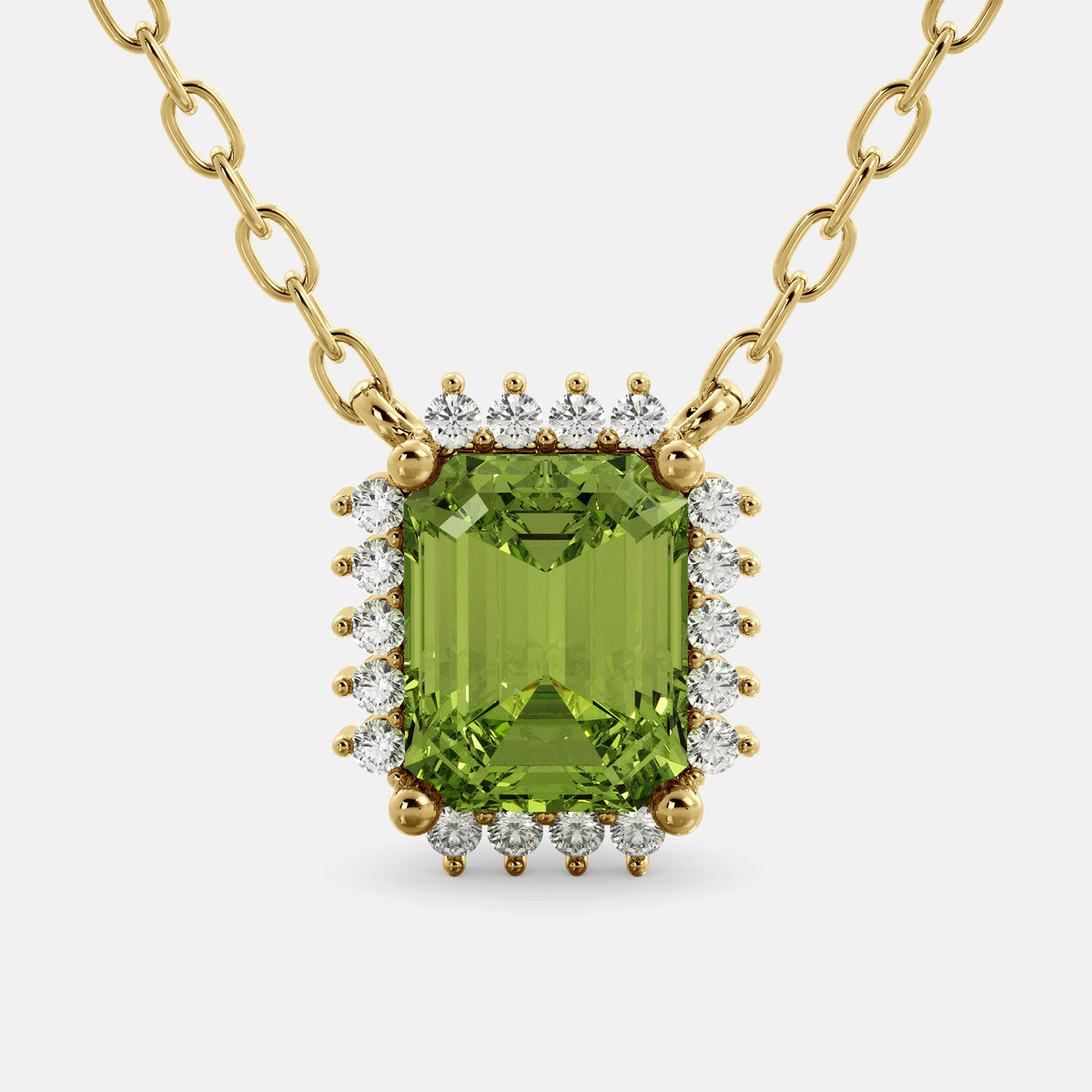 Green Peridot Emerald- Cut Halo Necklace