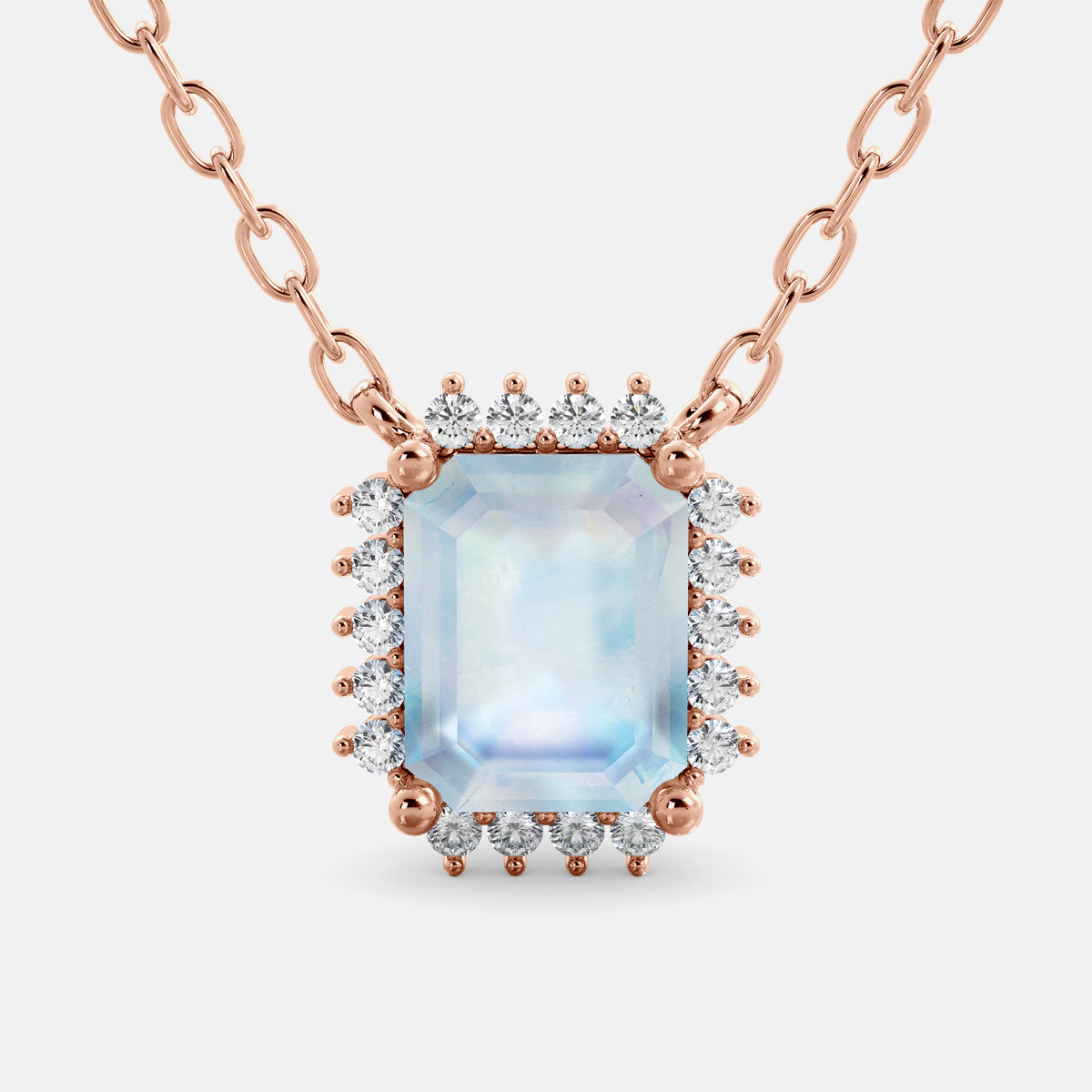 Moonstone Emerald- Cut Halo Necklace