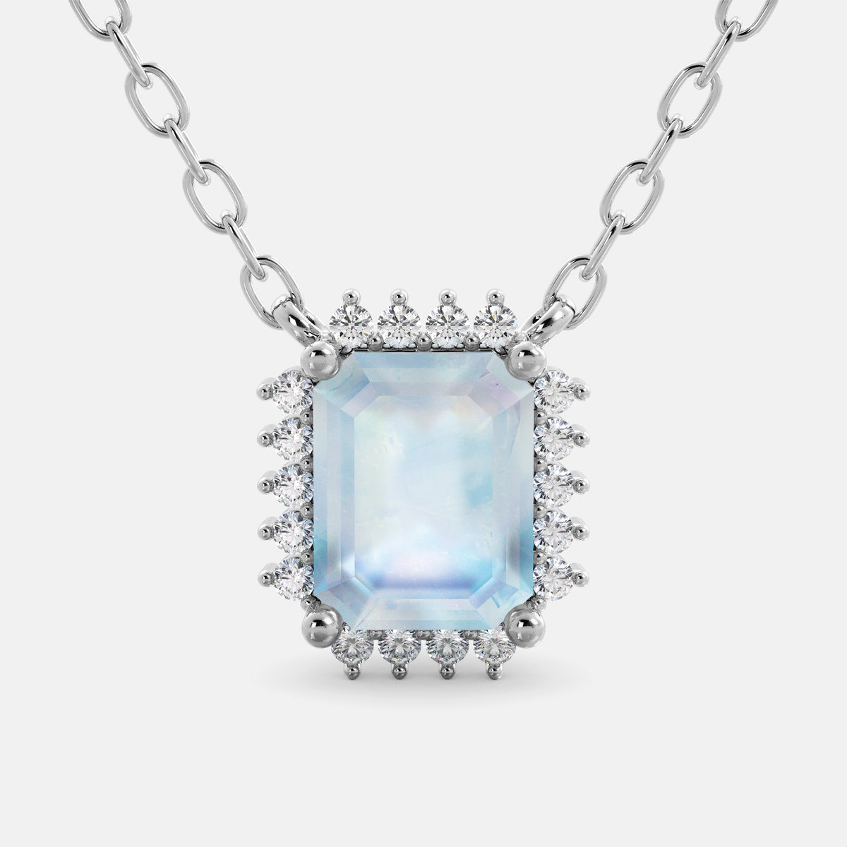 Moonstone Emerald- Cut Halo Necklace