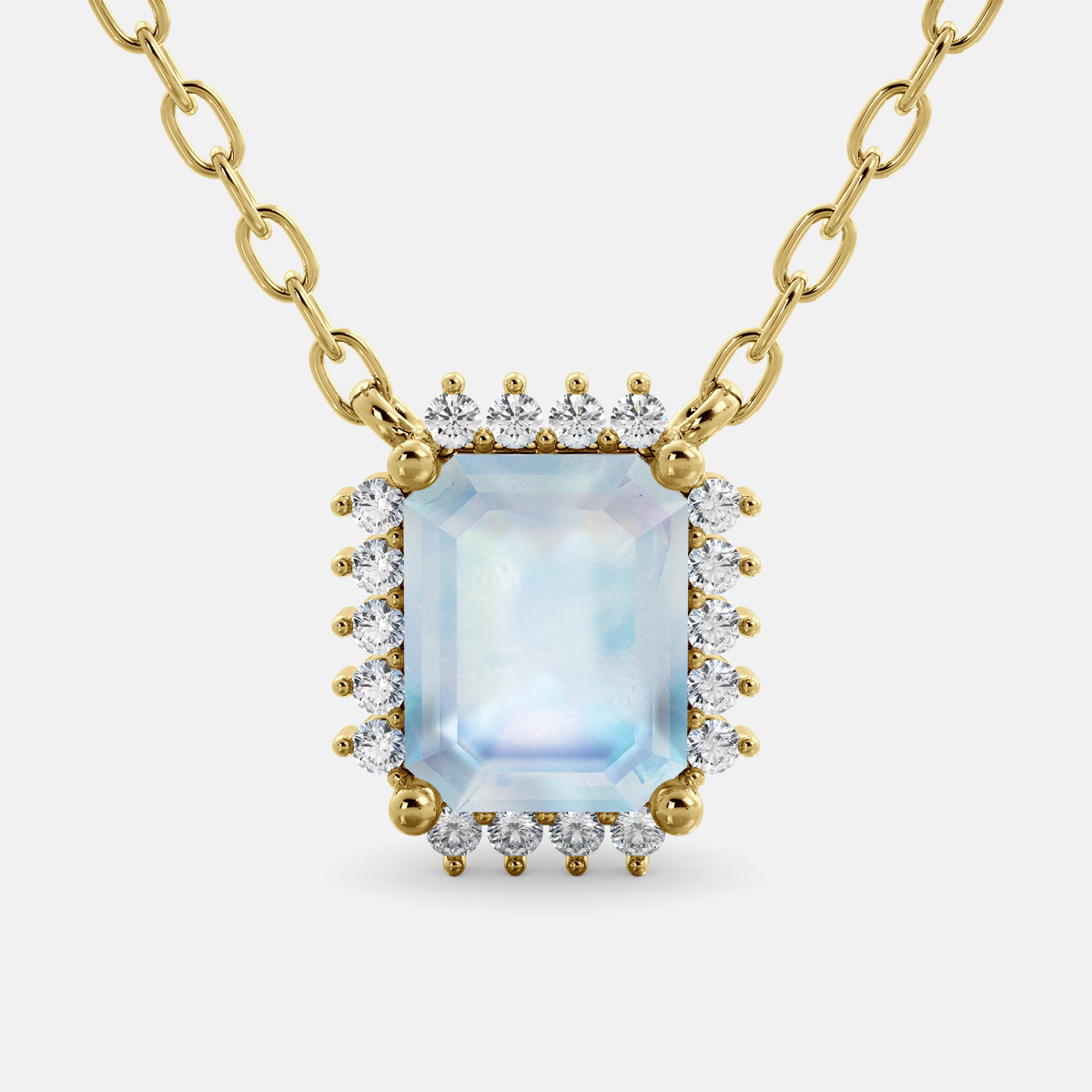 Moonstone Emerald- Cut Halo Necklace
