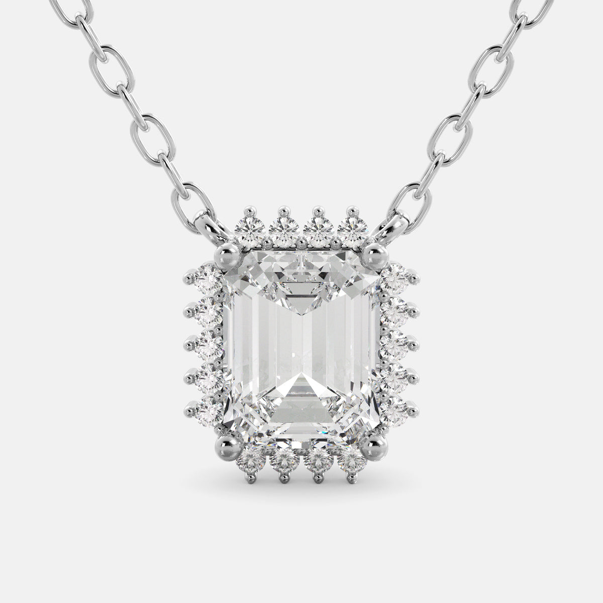 White Topaz Emerald- Cut Halo Necklace