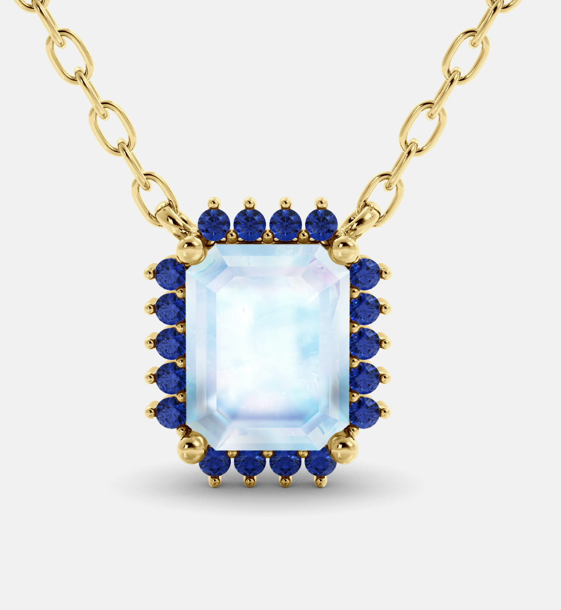 Halo Moonstone Solitaire Necklace with Blue Sapphire round halo setting