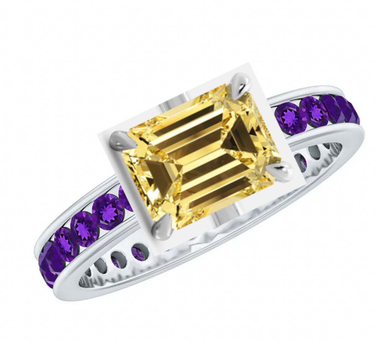 Custom Ring; Emerald cut Sapphire (orange) with channel setting (light ametyst)