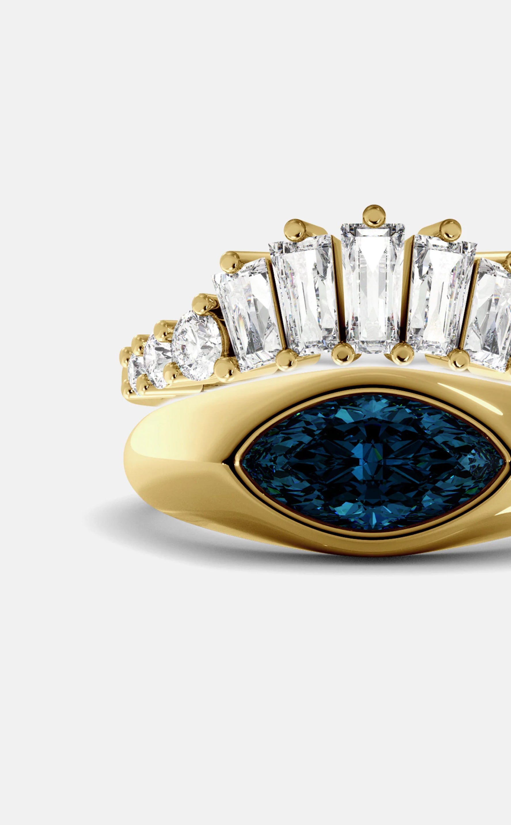 Juwels&Co Evil Eye Protection Ring Set with tapered Baguette diamonds and 14K yellow band 