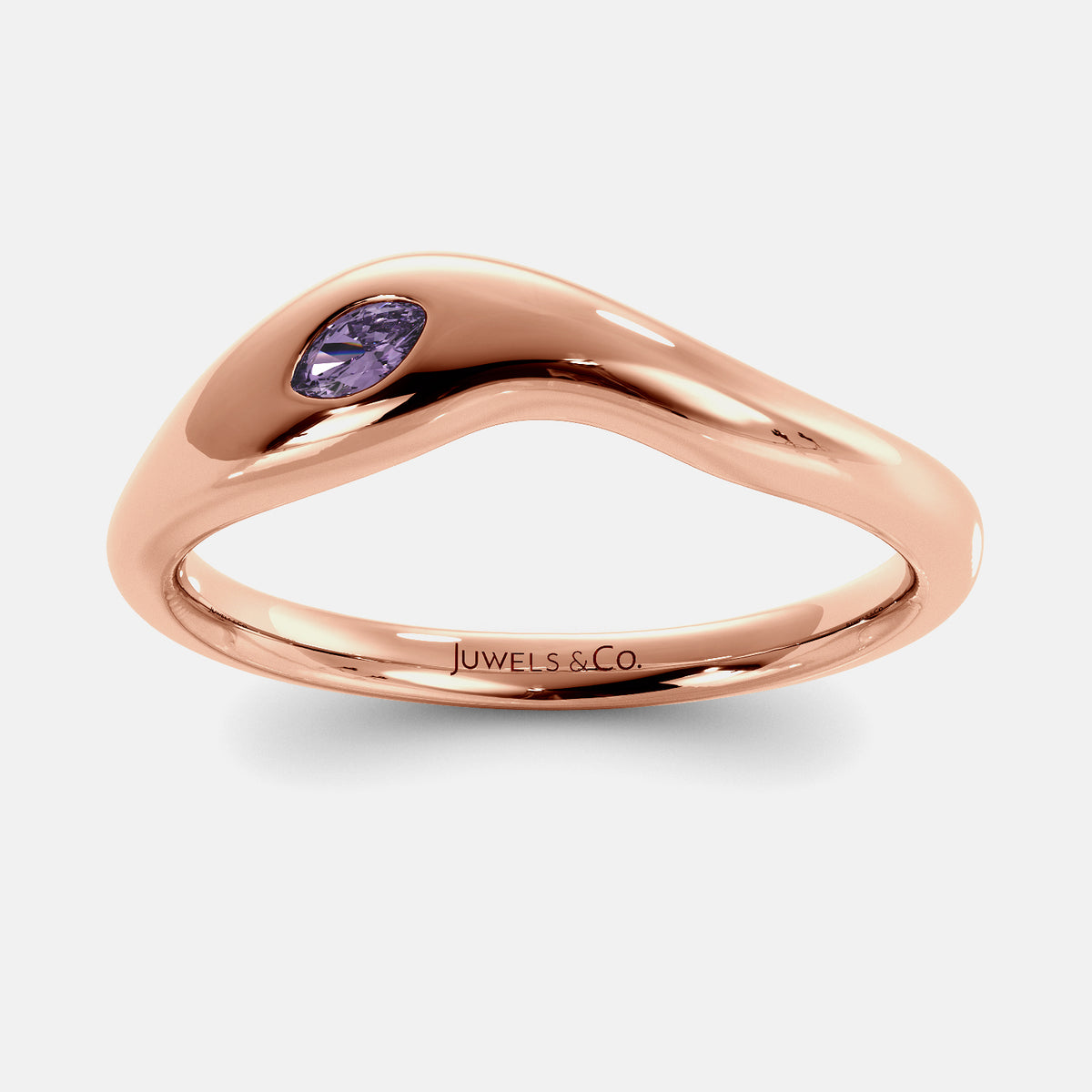 Rose gold ring with a purple gemstone on a white background, branded 'Juwels & Co'.