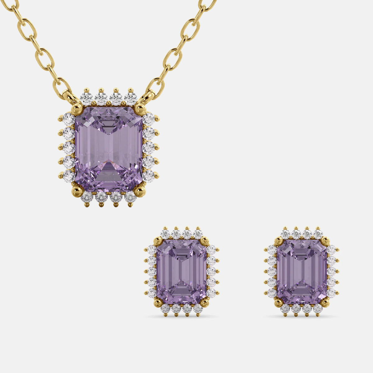 Halo Emerald-Cut Necklace & Stud Earrings Set