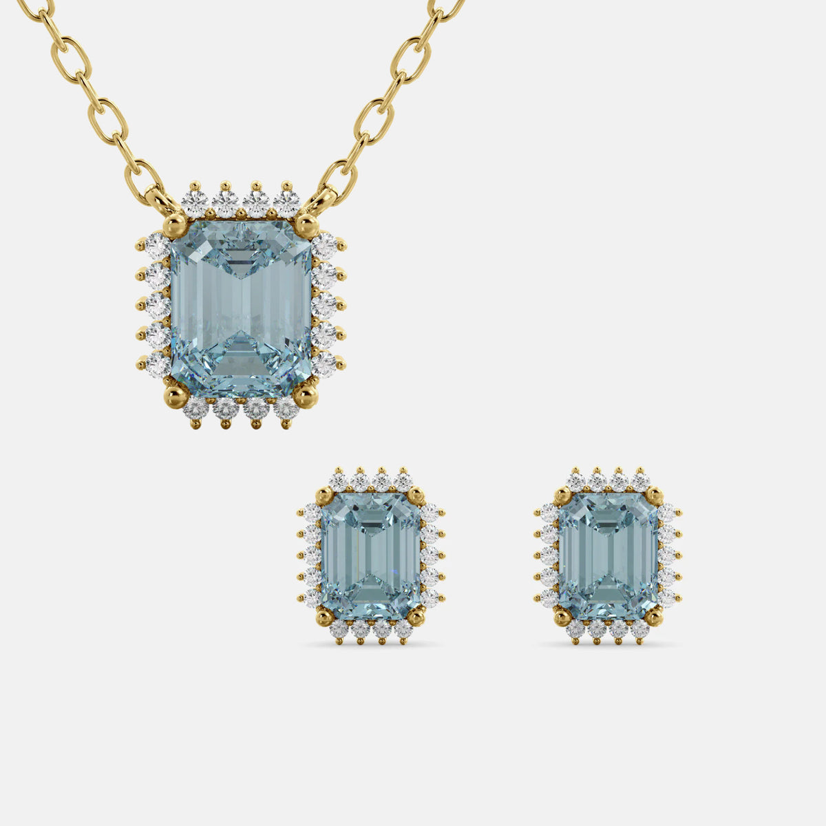 Halo Emerald-Cut Necklace & Stud Earrings Set