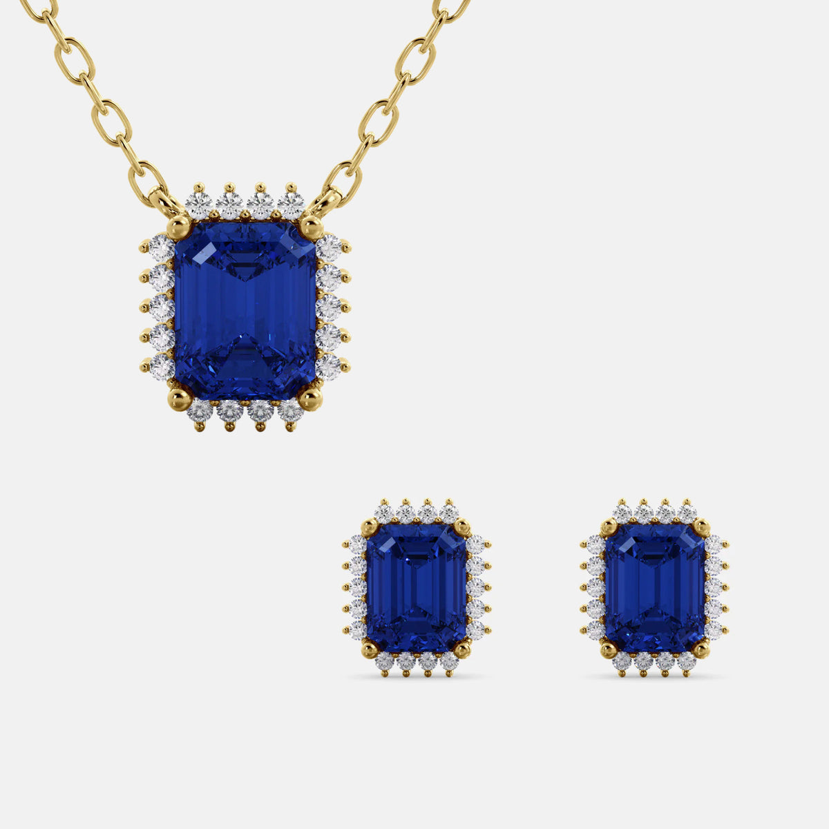Halo Emerald-Cut Necklace & Stud Earrings Set