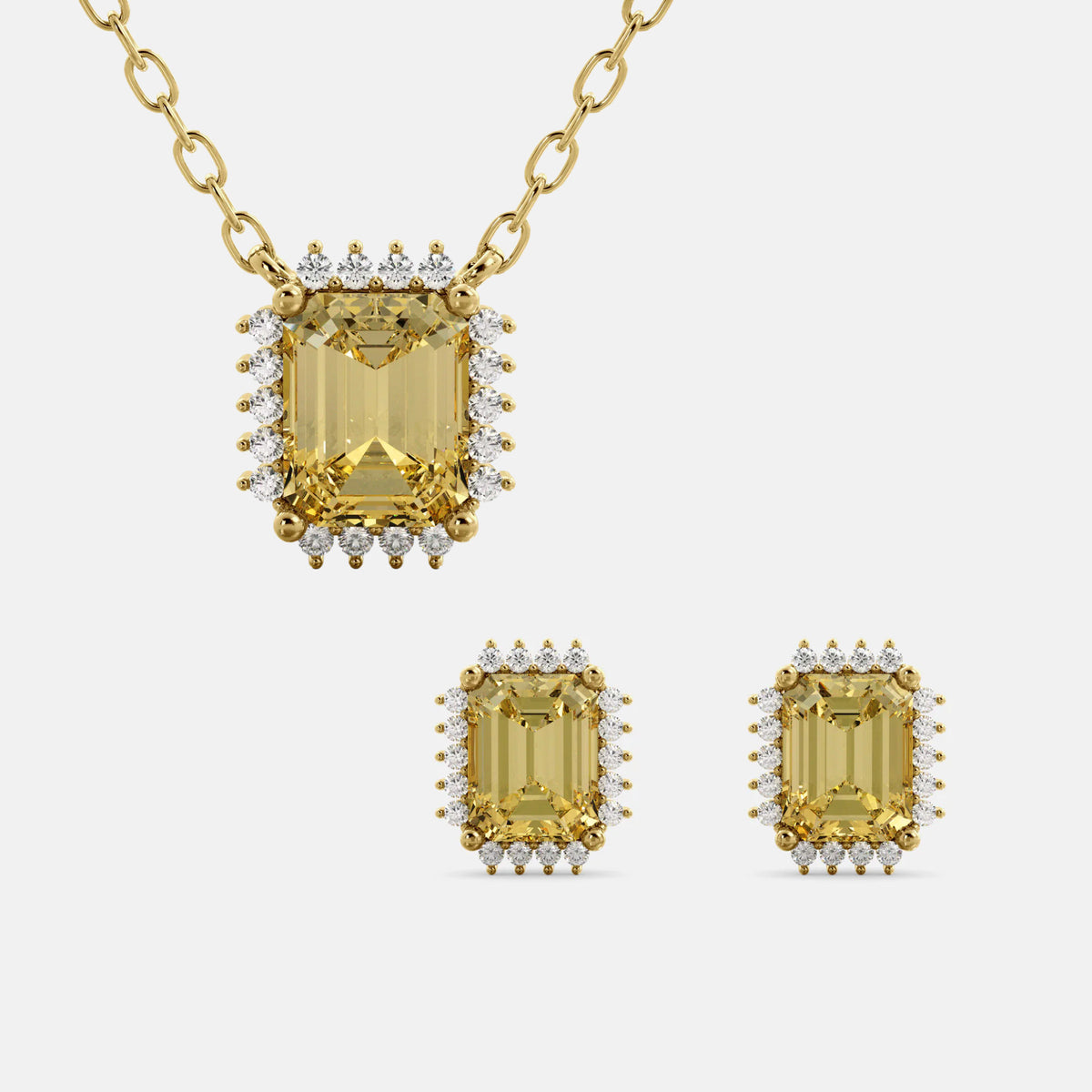 Halo Emerald-Cut Necklace & Stud Earrings Set