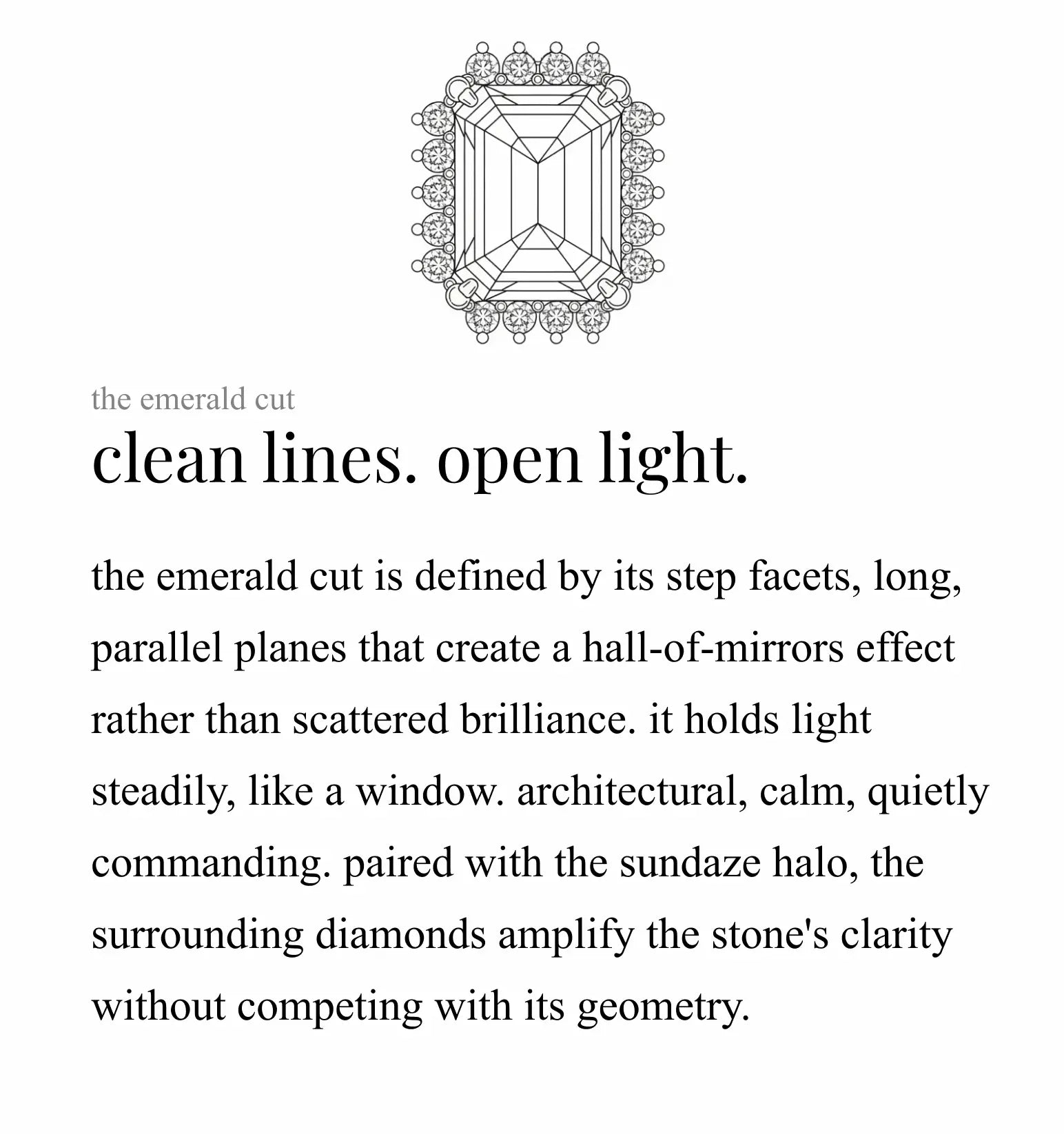 Diagram of an emerald cut diamond with text describing its characteristics.
