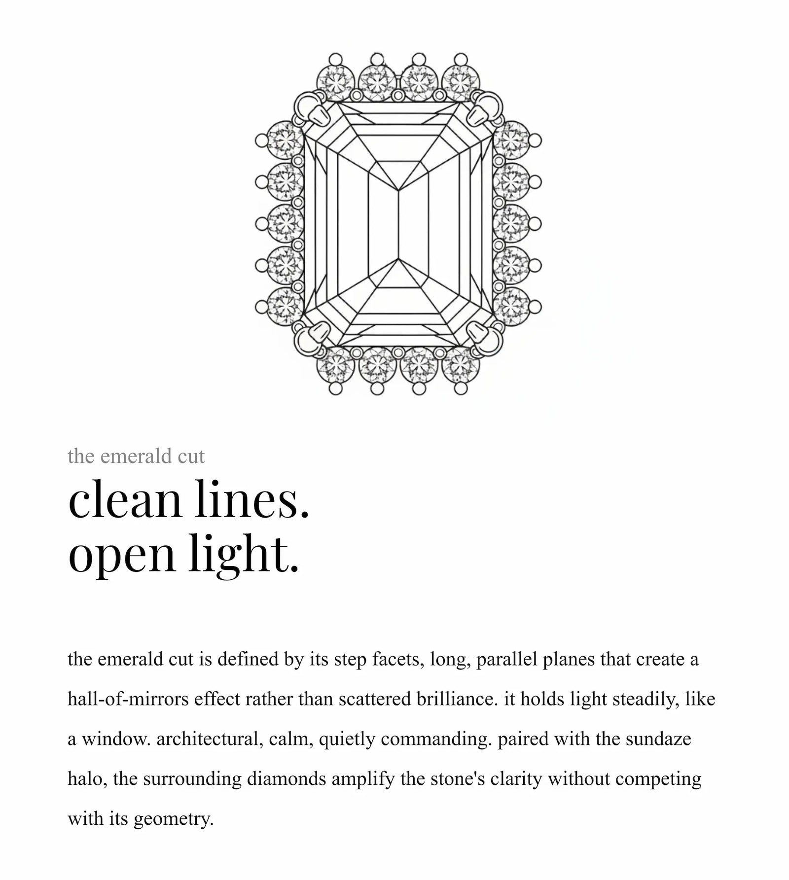 Illustration of an emerald cut diamond with descriptive text on a white background